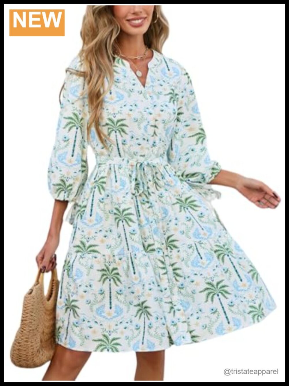 Floral Mini Dress 3/4 Sleeve V-Neck Button Front A-Line Casual